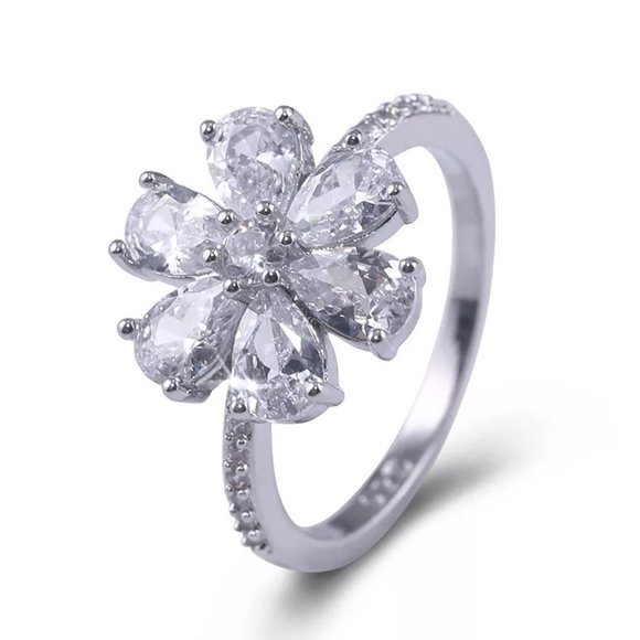 🎁925 Silver Plated White CZ Pear-shaped Flower Ring, GPMB1446-8 - Picture 3 of 10